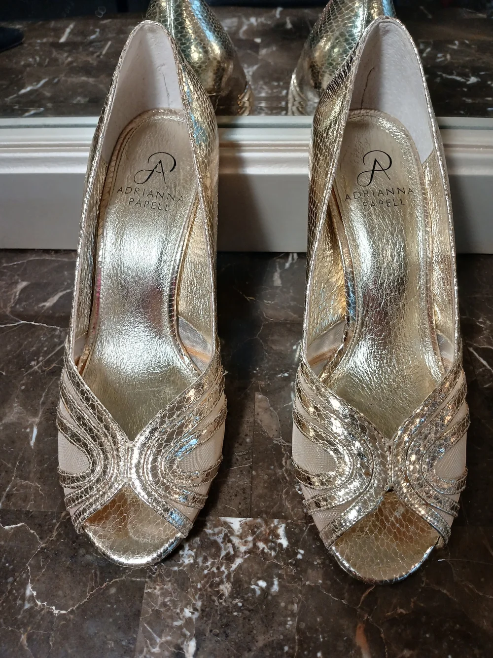 Adrianna Papell Gold Metallic Snake-Texture Peep-Toe Heels